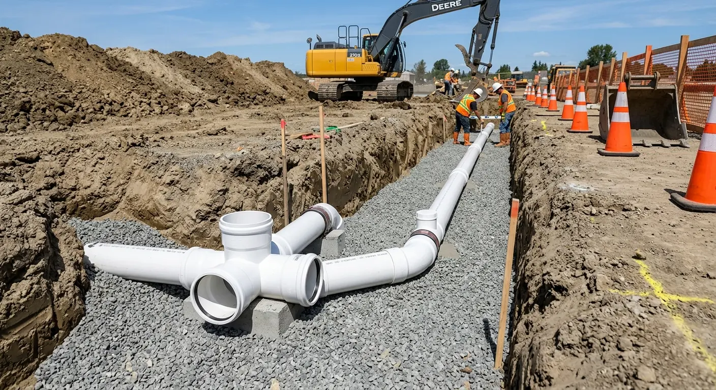 New PVC sewer pipe installation in open trench for Sewer Backup in Mercedes