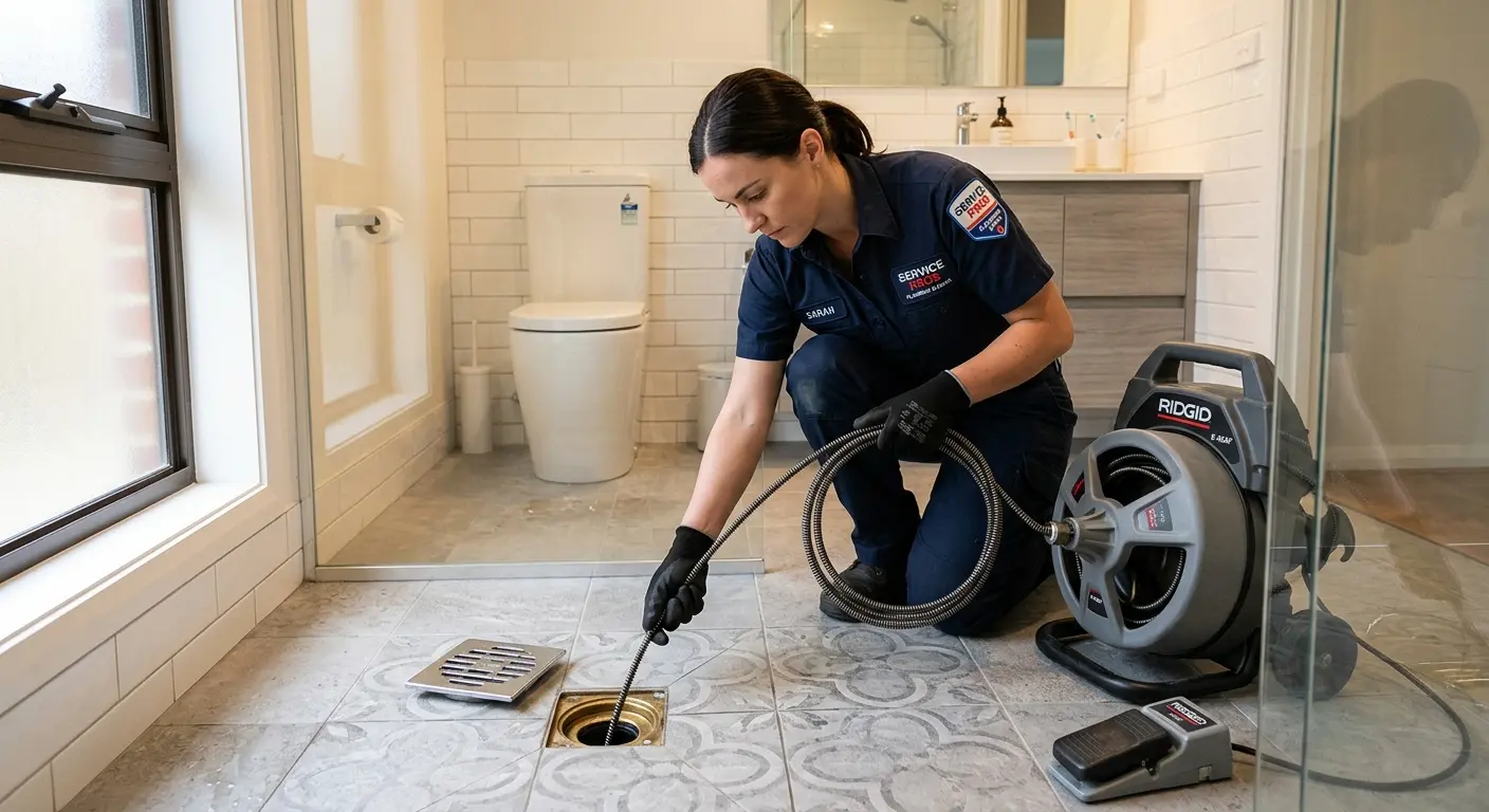 Technician clearing a bathroom floor drain for Sewer Line Installation in Mercedes